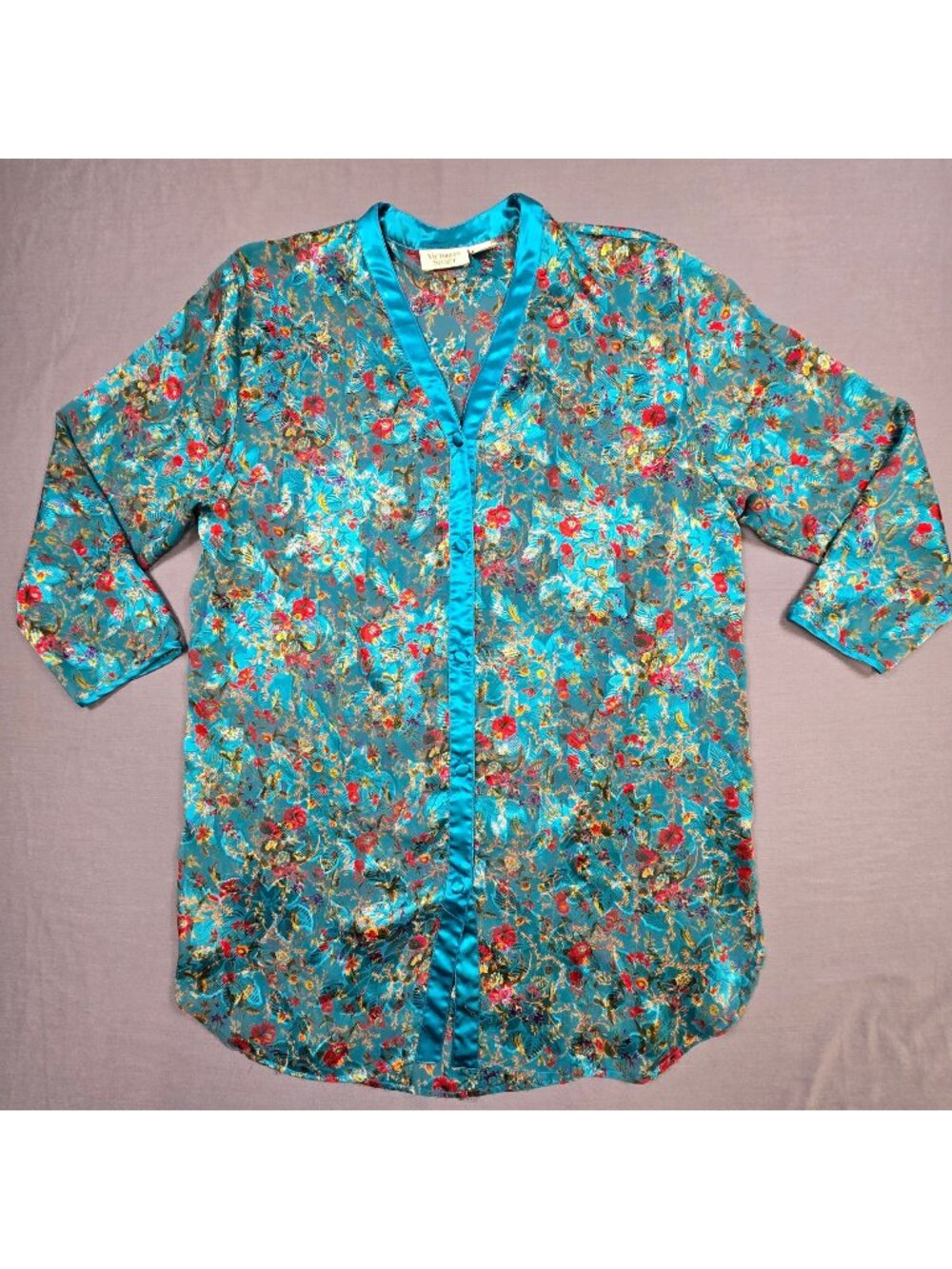 Vintage Victorias Secret M/L Turquoise Floral Satin Gown Lightweight Sheer